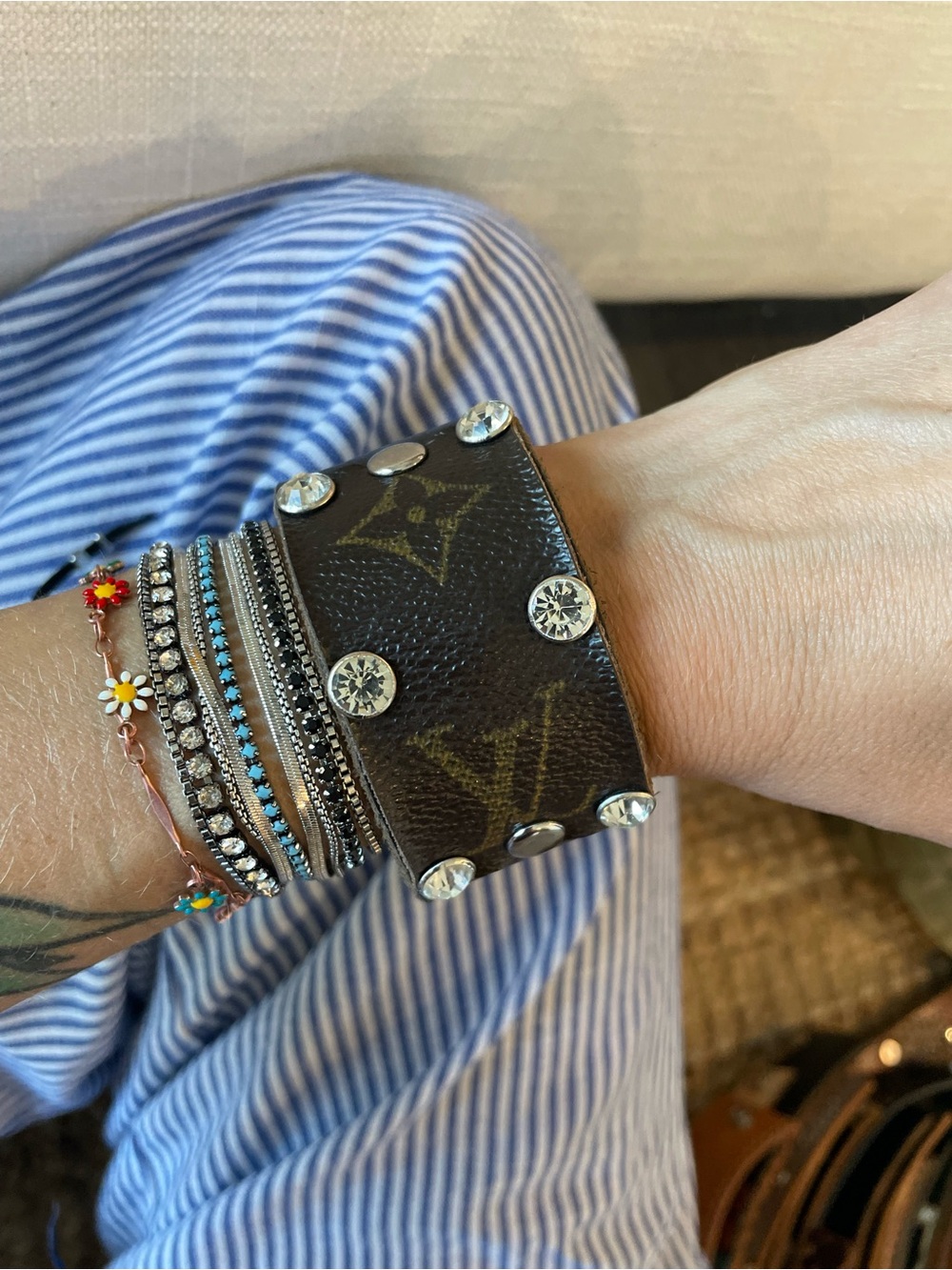 Brown Monogram Leather Studded Cuff Bracelet